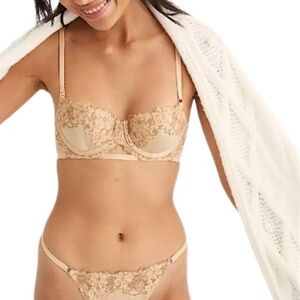 Aerie Real Power Balconette Lightly Lined Shine Embroidery Bra gold satin 32 D